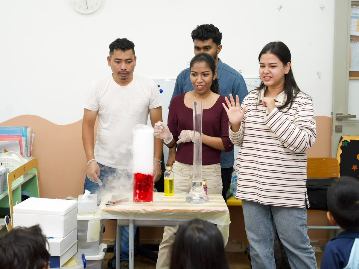 A dry ice reaction producing thick white fog during the science show.